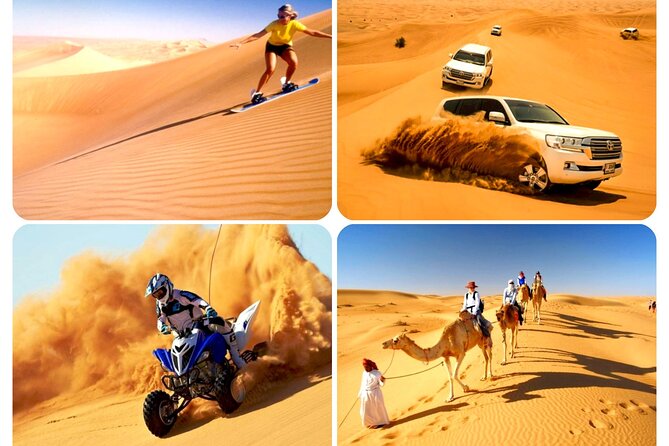 Doha: Desert Safari, Sand Boarding, Camel Ride & Inland Sea Tour - Sealine Beach, tea, camels, and lowered tires