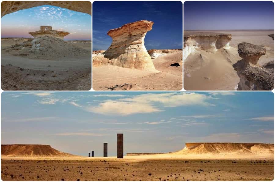 West Qatar tour to Richard Sierra sculpture,Umbrella Rock - The camel racing track gives the tour a human side